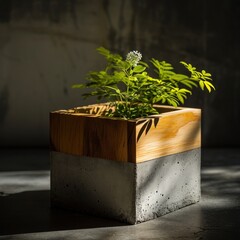 a plant in a concrete pot