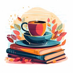 Hand drawn flat stack of books. A stack of books and a cup of coffee