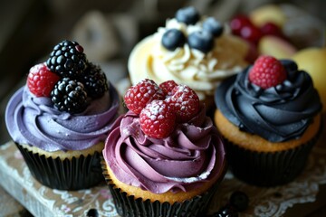 a group of cupcakes with frosting and berries - obrazy, fototapety, plakaty