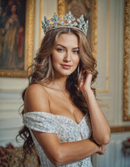 Queen. A woman with long, wavy hair and a tiara in her hand poses for a photo.