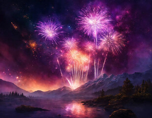 Purple holiday fireworks background with sparks, colored stars and bright nebula on black night sky universe. Amazing beauty colorful fireworks display on celebration, showing. Holidays backgrounds