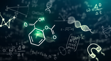 Scientific formulas, match equation, and calculations in physics abstract background. Mathematic, Chemistry, and Science education background concept. 3D illustration.