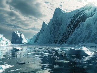 a body of water with icebergs and mountains