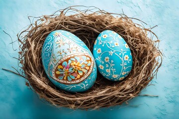 Overhead shot of an intricately designed Easter egg resting in a nest on the side, against a soft sky-blue background, offering a charming and flat composition with space for your text