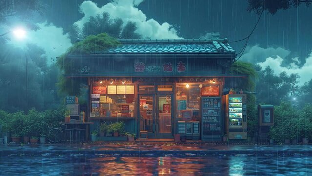 Lofi anime rainy shop. Loop animation video. Japan street.