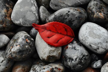 a red leaf on a pile of rocks