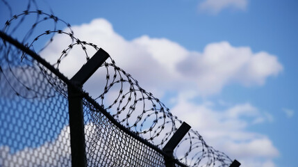 Barbed Wire on Top of a Chain-Link Fence Against a Cloudy Sky
