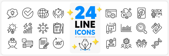 Icons set of Chemistry dna, 360 degrees and Fair trade line icons pack for app with Article, Nasal test, Quick tips thin outline icon. Timer, Coronavirus, Ethics pictogram. Vector - obrazy, fototapety, plakaty