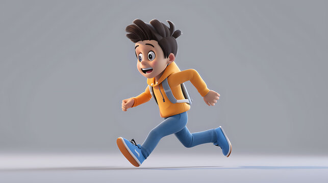 A vibrant 3D illustration of a charming adolescent boy character, depicted in a running pose, against a neutral gray backdrop.