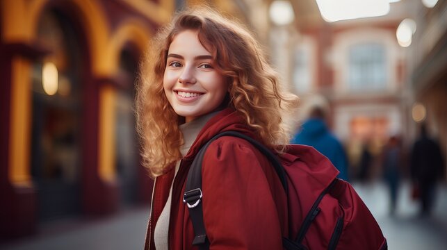 An outdoor picture of a cheerful girl who is walking home from school, gazing sideways and smiling dreamily. she is carrying a tote bag and leaning against a red building.