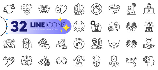 Outline set of Success, Smile and Dont touch line icons for web with Writer, Fair trade, Video conference thin icon. Work home, Coronavirus protection, Difficult stress pictogram icon. Vector