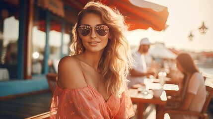 At the sea cafe, a young, stylish, and beautiful woman is enjoying pancakes, cocktails, and smoothies while dressed in a flirty resort-style outfit with sunglasses and a joyful face. - obrazy, fototapety, plakaty