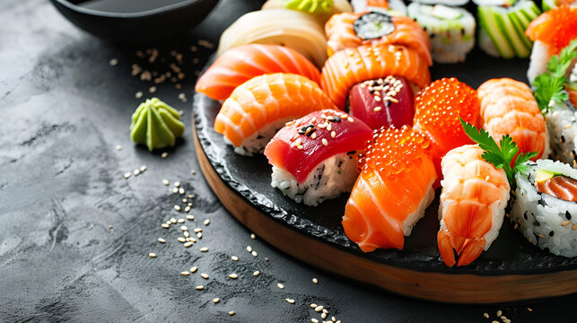 Mouthwatering Sushi Rolls, showcasing salmon, tuna, avocado fillings. Sushi Set nigiri, rolls, sashimi on traditional black Sushioke plate. Platter decorated with elegant sushi flavors, Generative AI