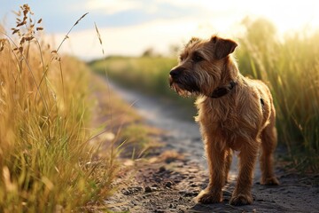 a dog standing on a dirt road