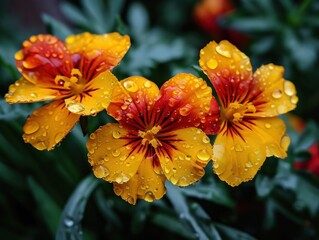 a group of yellow and red flowers with water droplets on them
