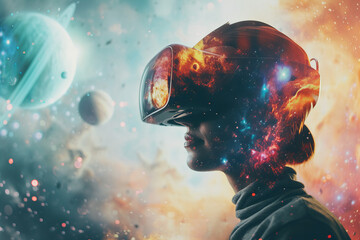 a double exposure profile of a person in modern sleek metallic VR headset, universe futuristic world with planets and galaxies. Virtual Reality theme.