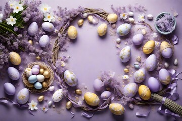 Overhead view of a pale lavender scene with elaborate Easter embellishments and an assortment of eggs, crafting an enchanting eagle's eye setting for your celebratory message