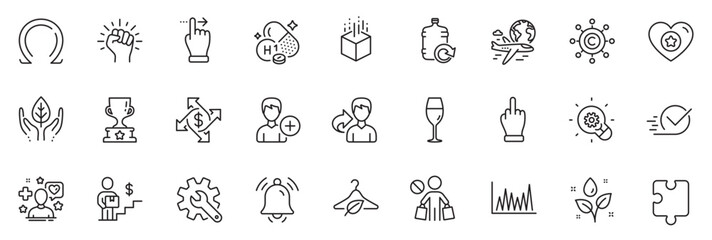 Icons pack as Heart, Fair trade and Add person line icons for app include International flight, Touchscreen gesture, Delivery man outline thin icon web set. Innovation, Customisation. Vector