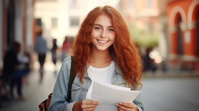 Education concepts are being studied by teenagers at university with cheerful, lovely redhead females.