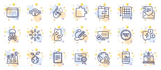 Fototapeta na wymiar Outline set of Graph chart, Tips and Calendar line icons for web app. Include Discrimination, Square area, Clipboard pictogram icons. Mail newsletter, Start business, Report statistics signs. Vector