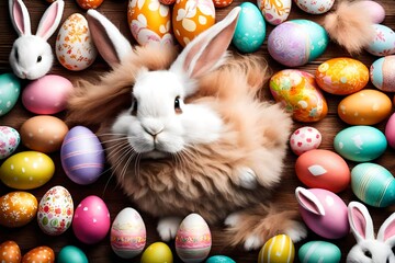 Fototapeta na wymiar Heart-melting image of a fluffy Easter bunny surrounded by a diverse array of uniquely adorned eggs, delivering the ultimate cuteness for your festive text