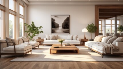 Fototapeta premium a living room with white furniture and a painting on the wall