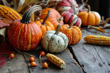a group of pumpkins and corn on a wood table