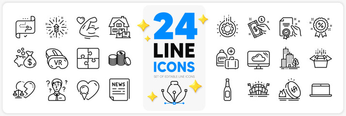 Icons set of Loan, Ice cream and Vr line icons pack for app with Certificate, Gas price, Discount thin outline icon. Fireworks explosion, Divorce lawyer, Beer pictogram. Strong arm. Vector
