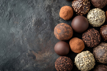 Obraz na płótnie Canvas Truffle chocolate candies with cocoa powder on a beautiful stone texture table for background.