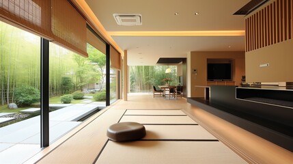 Fototapeta premium Modern Minimalism Japanese interior Clean lines contemporary space. Sleek tatami mats seamlessly integrate with expansive windows, surrounding bamboo grove. natural harmonious haven of tranquility.