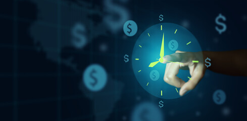 Business time management. Businessman hand pointing clock and money sign or icon on deep blue background. Business time is Money concept.