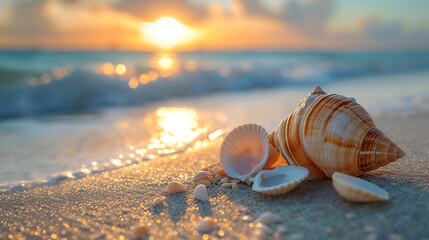 seashells on the beach. generative ai  - obrazy, fototapety, plakaty