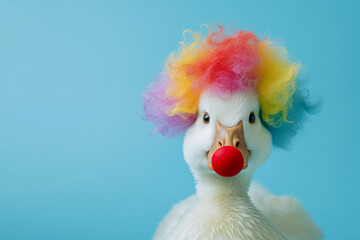 Duck with clown multicolor wig. AI generative art 