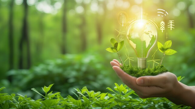 Hand hold light bulb with a tree inside Sustainability and Eco-consciousness: Images that showcase environmental awareness and eco-friendly practices are in high demand