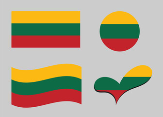 Flag of Lithuania. Lithuania flag in heart shape. Lithuania flag in circle shape. Country flag variations