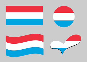 Flag of Luxembourg. Luxembourg flag in heart shape. Luxembourg flag in circle shape. Country flag variations