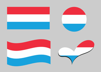 Flag of Luxembourg. Luxembourg flag in heart shape. Luxembourg flag in circle shape. Country flag variations