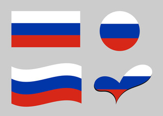 Flag of Russia. Russia flag in heart shape. Russia flag in circle shape. Country flag variations