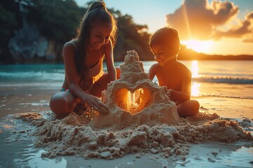 Family building a heart-shaped sandcastle on a sun-soaked beach - obrazy, fototapety, plakaty