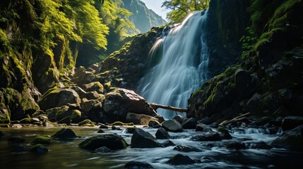 In the mountains, there is a waterfall in the autumn.