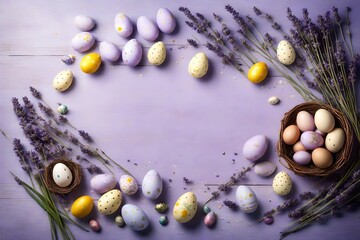 Fototapeta na wymiar Delicate lavender backdrop adorned with whimsical Easter decorations and an array of eggs, setting the stage for your celebratory text