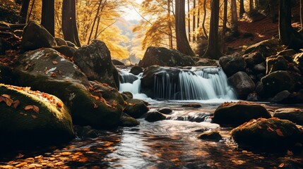 In the mountains, there is a waterfall in the autumn.