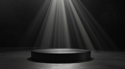 Abstract black stage with one round podium in light beam with light spot mockup for presentation cosmetic products, goods, advertising, design in soft gradient. Made with generative ai