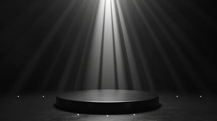 Abstract black stage with one round podium in light beam with light spot mockup for presentation cosmetic products, goods, advertising, design in soft gradient. Made with generative ai