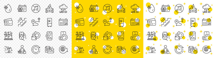 Outline Calendar graph, Refrigerator and Delivery cart line icons pack for web with Journey, Cash back, Buyer line icon. Smartphone notification, Christmas calendar. Vector