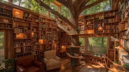 Deurstickers Treehouse Library whimsical treehouse library. Bookshelves crafted from reclaimed wood line the walls, reaching up to the leafy canopy overhead. cozy reading nooks tucked amongst the branches © CraftyImago