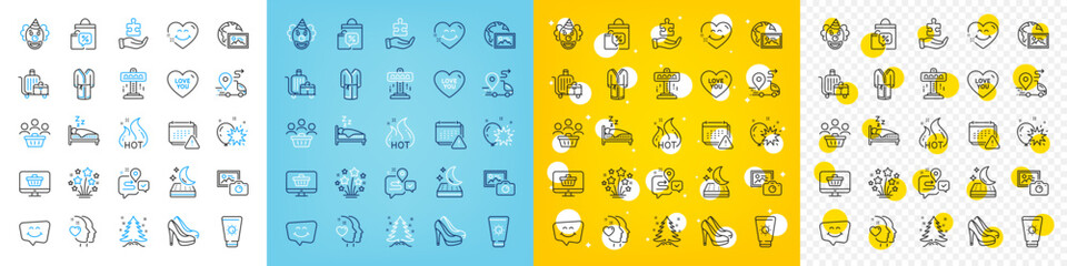 Vector icons set of Buyers, Puzzle and Attraction line icons pack for web with Clown, Hot sale, Smile chat outline icon. Love you, Sunscreen, Christmas tree pictogram. Sleep. Vector