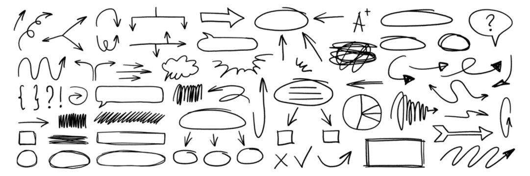 Charcoal hand drawn pencil arrows, business scribbles and circle boxes set. Chalk marker curved squiggle textured elements and lines.  Vector illustration of freehand crayon sketch
