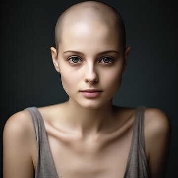 Portrait of bald cute girl suffering cancer disease. World cancer day. Healthcare and medicine concept. Cinematic light, dark background.