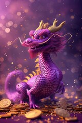 A cute purple metal Chinese dragon hovers, long shot, long body, four legs, gold hair and horns, sitting on gold coins, purple and gold color, dark purple sky background, gold coins rain.